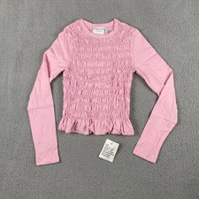 Reclaimed Vintage Women's Small Pink 100% Cotton Shirred Long Sleeve Top