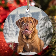 Cute Dogue de Bordeaux Dog Santa Hat Snow Winter Christmas Ornament Gift Decor