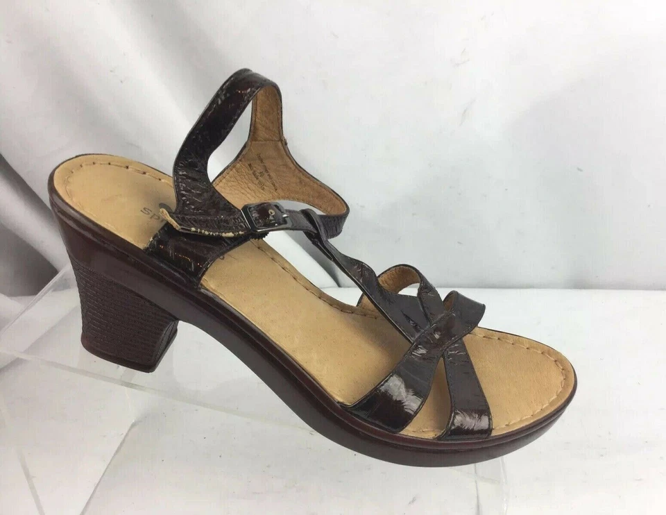 SPRING STEP Brown Patent Leather Heels Sandals Slingback Slides SZ 40/9 - Image 2 of 4
