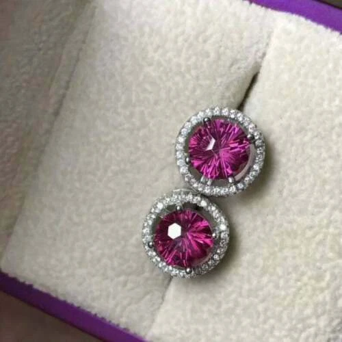 14k White Gold Over Lab-Created 3.10 CT Red Ruby & CZ Beautiful Stud Earrings - Image 3 of 4