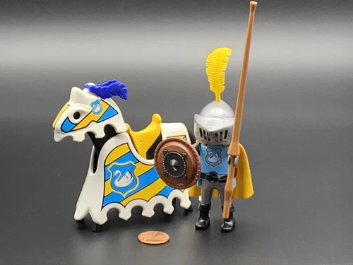 Playmobil Knight on Horse - VTG Medieval Swan Joust Champion Lance Feather Cape