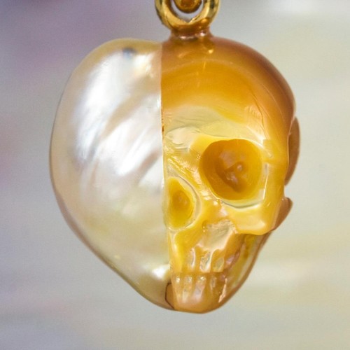 Skull IN Süd See Perle Anhänger Geschnitzter Perlmutt & Vermeil Sterling 6.48g - Bild 2 von 16