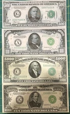 Reproduction Set 1934 Fed Reserve Notes $500 $1000 $5000 $10000 Copy See Below!!