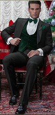Men Black With Green Vest Designer Wedding Dinner Casual Suit Coat Vest Pants 
