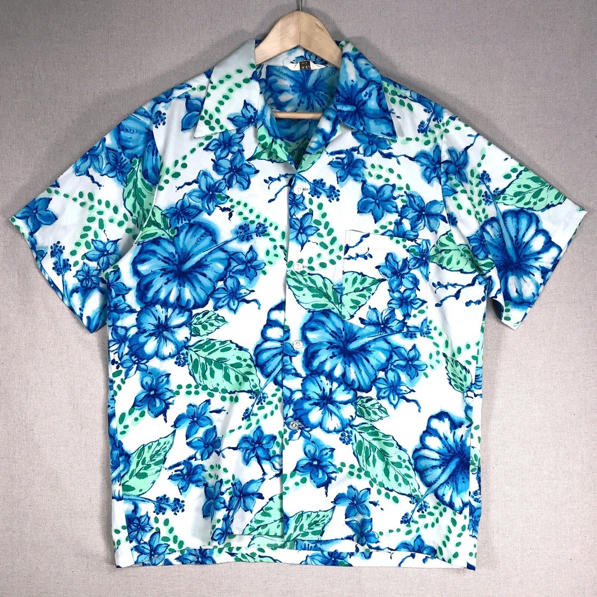 VINTAGE 50s 60s King Kalakaua Hawaiian Shirt Blue Green