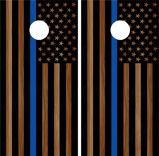 Police Thin Blue Line 4 American Flag black Woodgrain Cornhole Wraps Decals