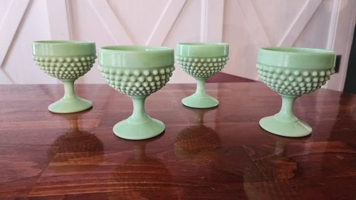 Vintage L.E. SMITH Green Jadeite Hobnail Stem Dessert Cups Set Of 4