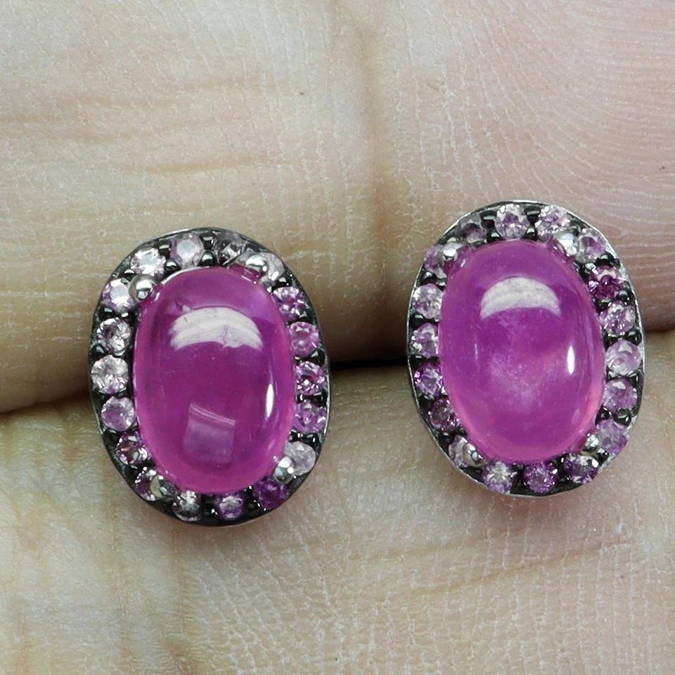 925 Sterling Silver Earrings Oval Ruby 7x5mm Sapphire Diamond Cut Gemstone - Image 2 of 4