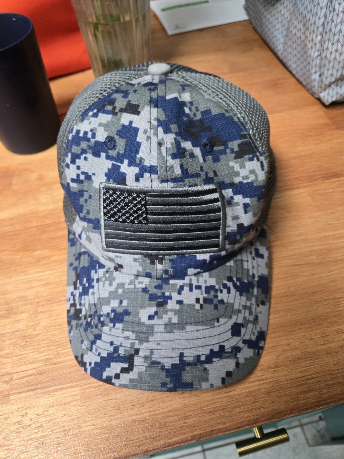 Blue/Gray Digital Camo Trucker Hat Mesh Back Adjustable USA Flag Patch