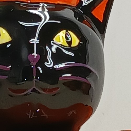 HAPPY HALLOWEEN Candle/Candy Holder Pumpkin Black Cat Ceramic Glossy Spooky - Picture 4 of 10