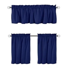 3 Pieces Window Curtain Tiers and Valance Set- 100% Cotton Half Indigo Blue