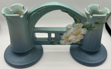 Roseville White Rose Blue Azure Gate Vase Double Bud  148 Very nice cond