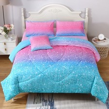 Glitter Comforter Set Twin Size,6 Piece Bed in A Bag 3D Colorful Duvet Pink B...