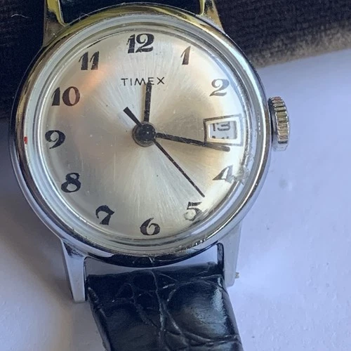 Vtg Timex Watch Women 25mm Silver Tone Date Retro Manual Wind Up Leather band