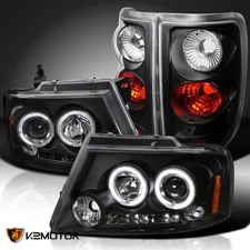 Fits 2004-2008 Ford F150 Black Dual LED Halo Projector Headlights+Tail Lamps