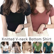 Women Summer Short Sleeve Knitted T-Shirt V-Neck Slim Tops Blouse Casual Tee