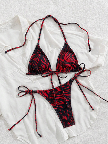 Women's Red Black Sexy Cute Swimwear Cheeky Tied String Thong Bikini Swim Set - Picture 5 of 7