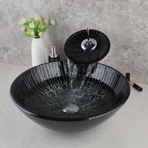Black Tempered Glass Bathroom Basin Bowl Container Vessel With Mixer Sink Taps - Picture 18 of 32