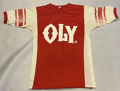 Vintage OLY Olympia Beer Jersey T Shirt Red White Mesh advertising ARTEX 1970s