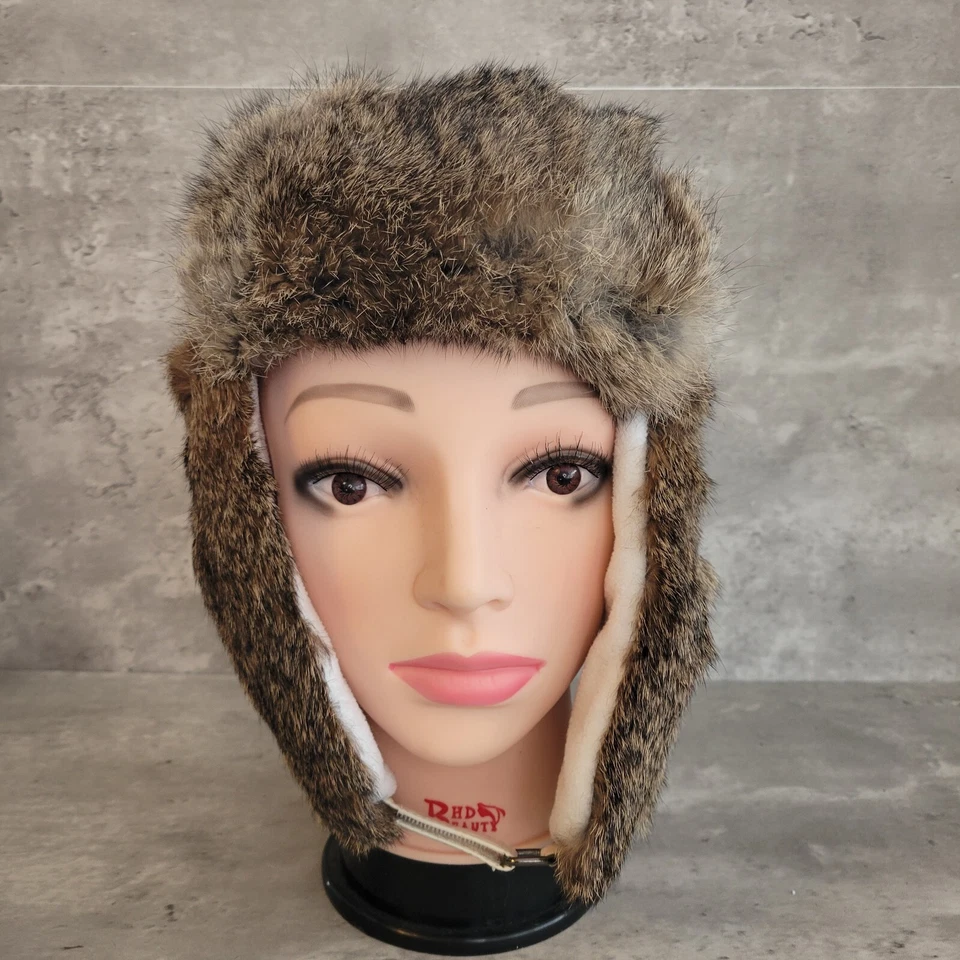 Winter Trapper Hat Womens Small Natural Brown Rabbit Fur Adult Winter White - Image 2 of 4