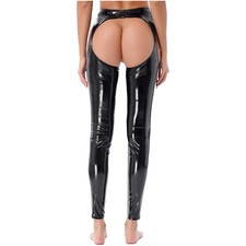 Womens Crotchless Open Butt Skinny Pants Faux Leather High Waist Cutout Leggings