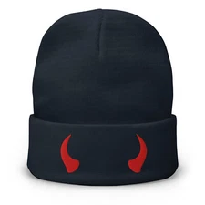 Red Devil Horns Cuff Beanie – Embroidered Hat Gothic Halloween Cosplay, Horror