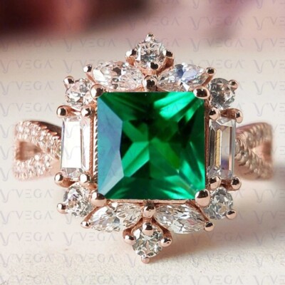 4.48ct Princess Shape Natural Emerald Gemstones Diamond Ring Real 14K Rose Gold