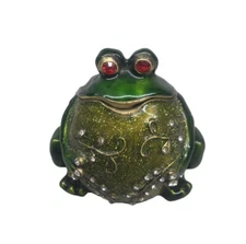 Potbelly Frog Toad Emerald Green Enamel Trinket With Rhinestone Accents Red Eyes