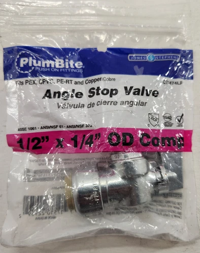 Jones Stephens - C77474LF - Plum Bite Angle Stop Valve - 1/2" x 1/4" OD Comp - Picture 1 of 2