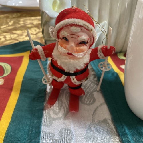 Vintage Flocked Felt Pipe cleaner Hanging Santa Claus Christmas Ornament