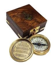 Antica bussola poesia ottone con scatola in legno nautica vintage da collezione e regalo