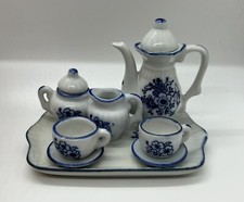 Vintage Andrea By Sadek Blue White Mini Tea Set Flower Tray Cup Saucer Dollhouse