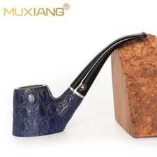 MUXIANG Carved Volcano Pipe 9mm Filter Briar Wooden Tobacco Pipe Bent Stem Blue