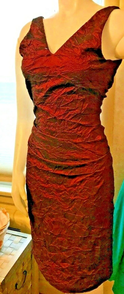 VTG Nicole Miller Collection Sleeveless Sheath CRINKLE BURGUNDY SEXY Dress Sz 4 - Image 4 of 4