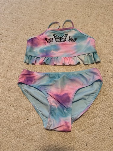 SO Butterfly Ruffled Tankini Top and Bottom Swimsuit Set Girls Size 12 Tie Dye