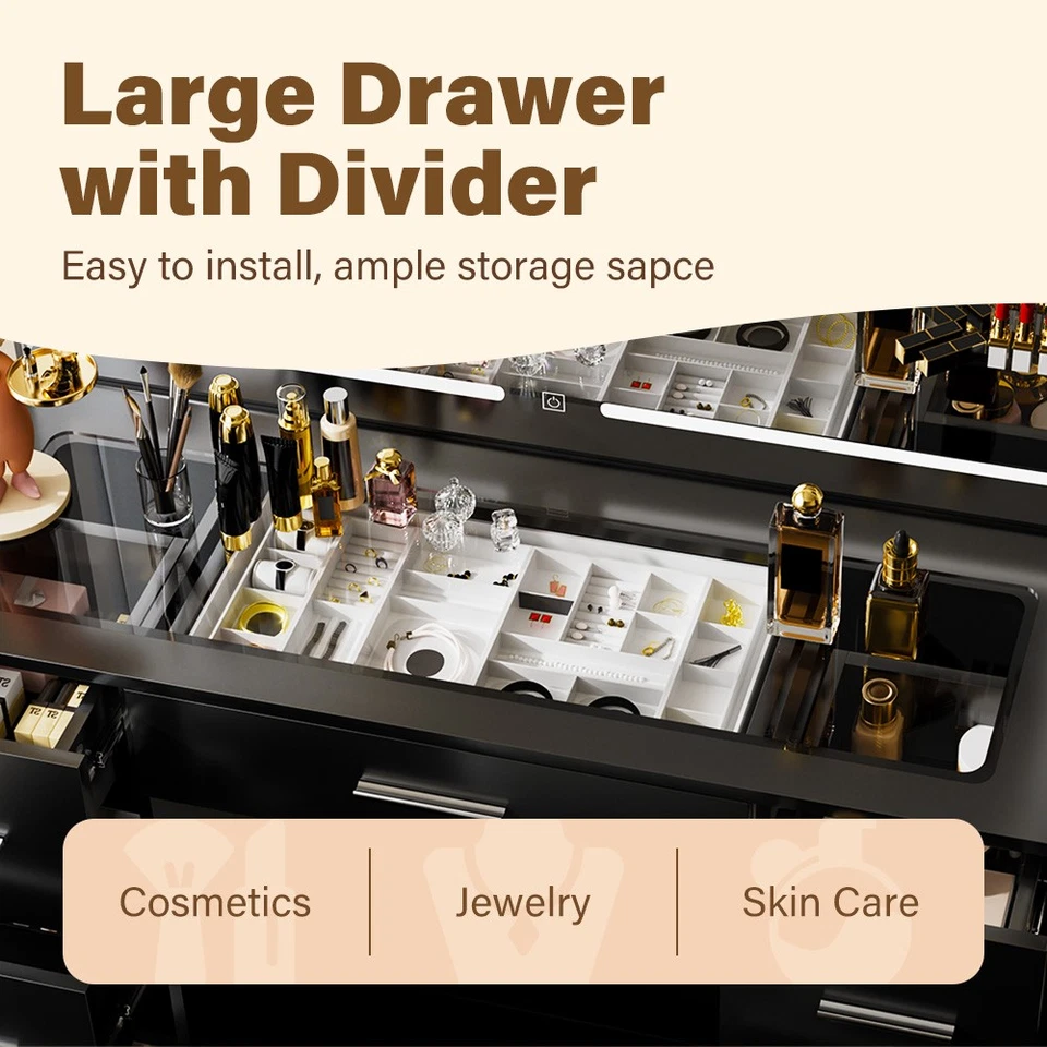 Juego de tocador de maquillaje negro de 46"" con espejo grande iluminado por LED y toma de corriente Foto 4 de 4