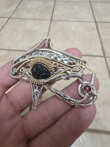 Sterling Silver Wire Wrapped MOLDAVITE Eye Of HORUS (HERU)  Talisman - product listing photo