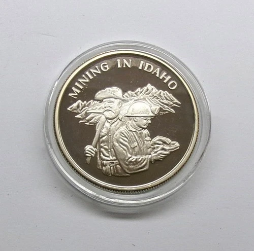 1990 Celebrate Idaho MINING IN IDAHO Commemorative 1 Oz .999 Silver Proof Round