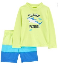 Make Offer Carters Boys 2 Pcs Swim Set Rash Guard Trunk Shorts Shark Patrol NWT