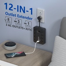 12  in  1 Surge Protector Power Strip 8 AC Outlet,3 USB Ports,1Type  C,Flat Plug