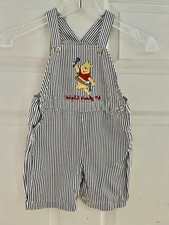 Vintage Disney Winnie Pooh 2006 Blue Stripe Overall Shorts Jumper Romper 24 Mos
