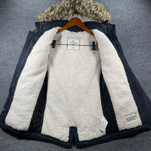 Abercrombie Kids Sherpa Fleece Lined Jacket Girls 11/12 Black Faux Fur Trim Zip - Picture 9 of 12