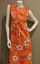 1960's Liberty House of Hawaii Orange White Floral Barkcloth Maxi Dress Sz Small
