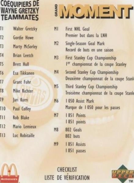 1998-99 Upper Deck McDonald's - Checklists Wayne Gretzky Teammates ...
