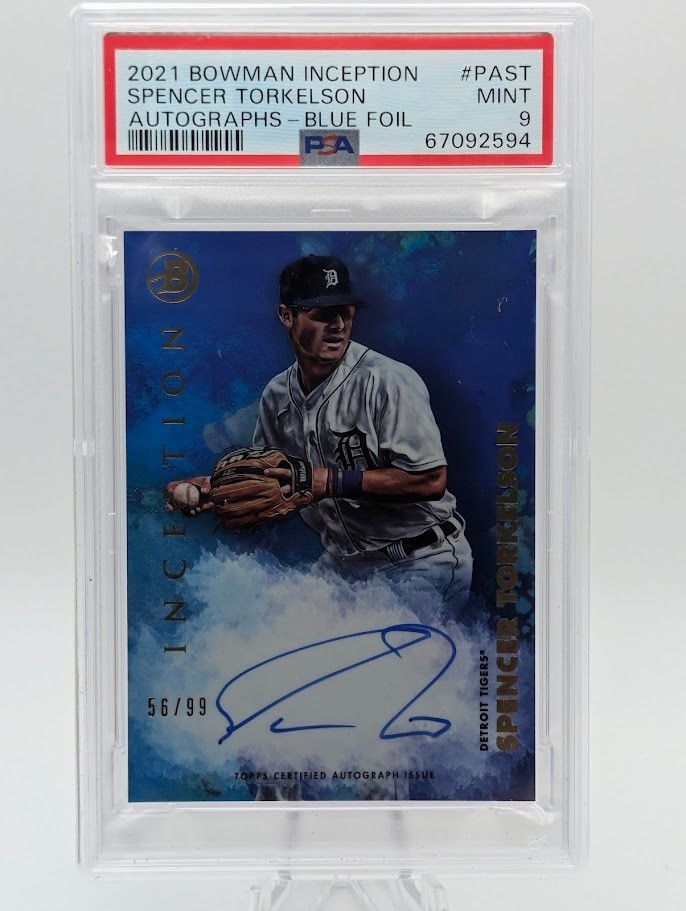 2021 Bowman Inception Spencer Torkelson Autographs Blue Foil 56/99 PSA 9