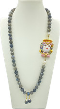 ??Collana in Labradorite, Perle Scaramazze e Testa di Moro in Ceramica con Lu...