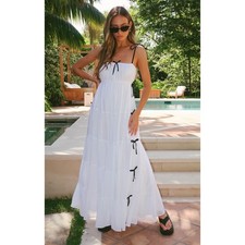 Show Me Your Mumu Harmony Maxi Dress White Voile with Black Bows XS