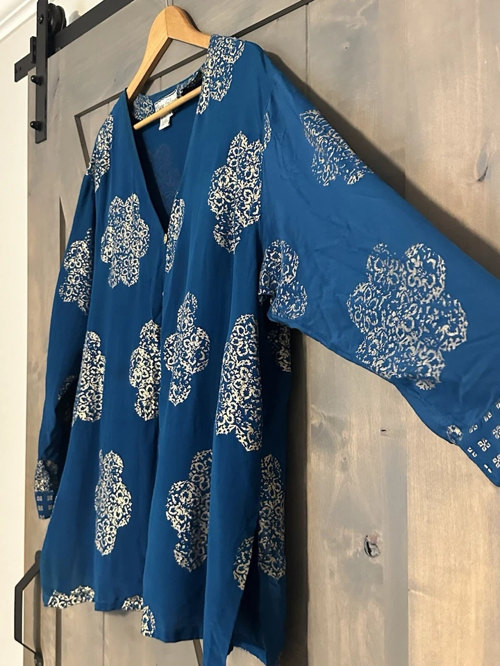 Camisa artística DIANE GILMAN 3X de colección azul dorada 100 % seda manga larga abotonada para mujer Foto 2 de 4