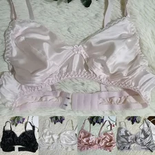 White Silk Satin Wirefree Thin Bra Sleep Underwear Bikini 36C 38C 40C 42C