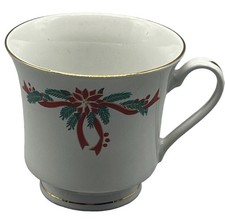Poinsettia Ribbons Christmas tea cup white gold trim red flower ribbon READ